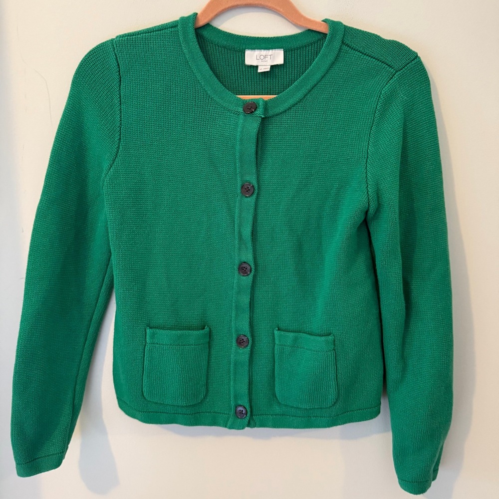 LOFT Outlet Green Button Front Cardigan Sweater Pockets‎ Women's XS Cotton